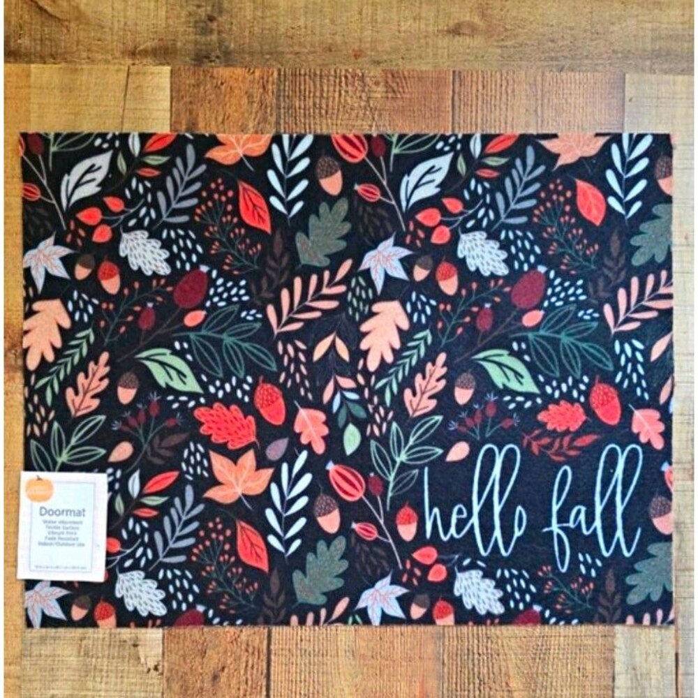 Hello Fall Doormat - Black with Colorful Autumn Leaves Acorns 🍂🌰